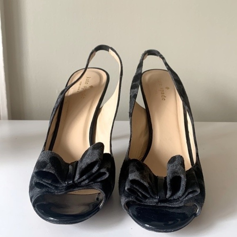 Kate Spade Black and Grey Leopard Slingback bow heels size 10